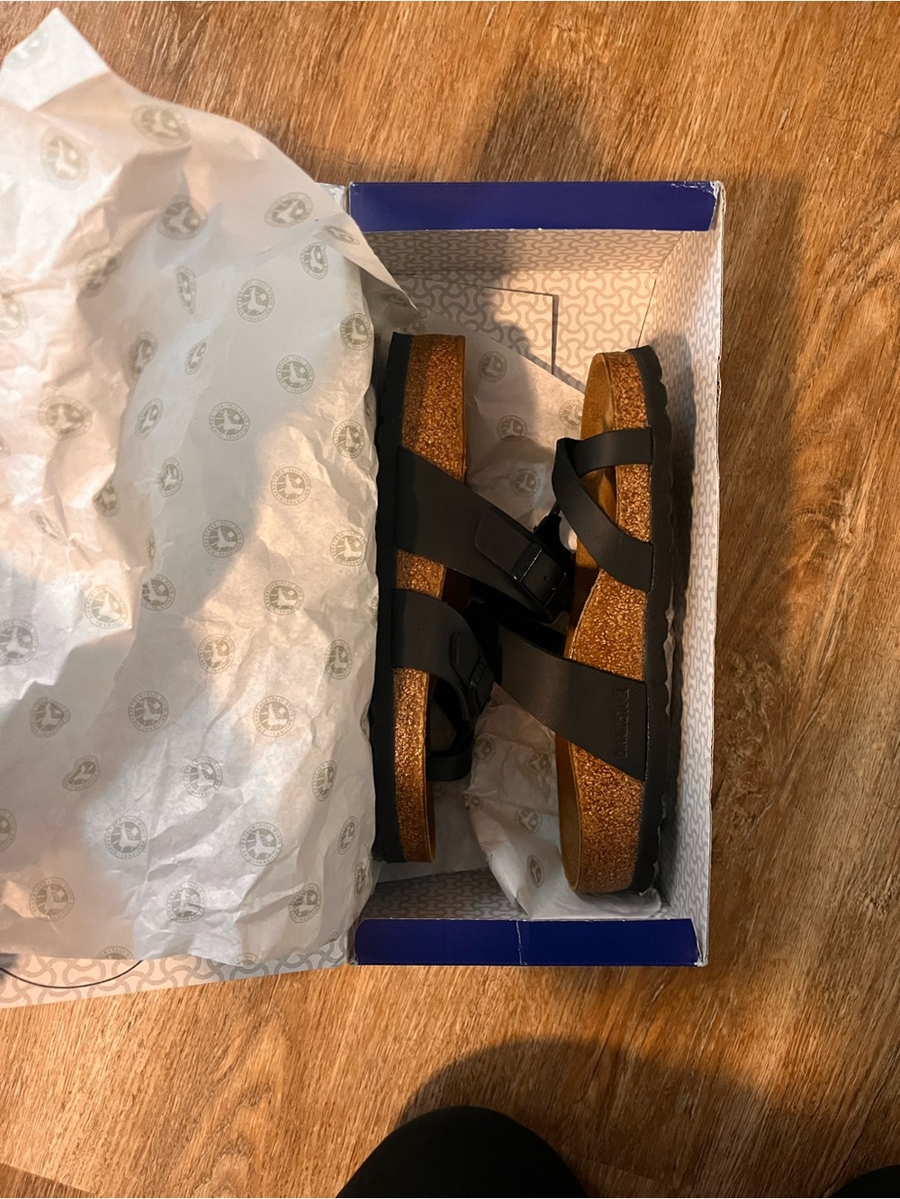 Birkenstock Mayari Black Sandal Box with Blue Packaging